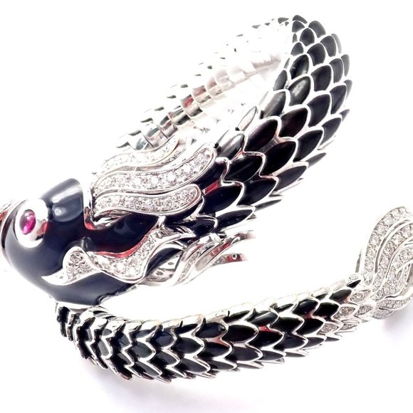 Authentic! Roberto Coin Nemo 18k White Gold Diamond Ruby Enamel Cuff Bracelet - Picture 3 of 12